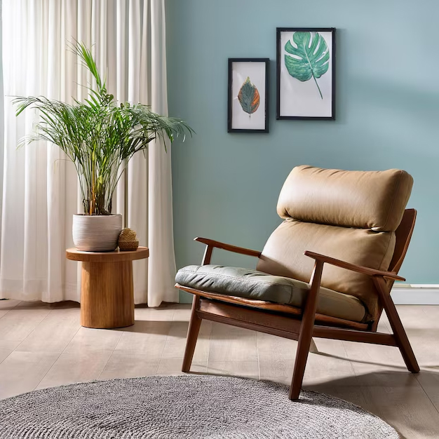 Stylish lounge setting with leather armchair and plant